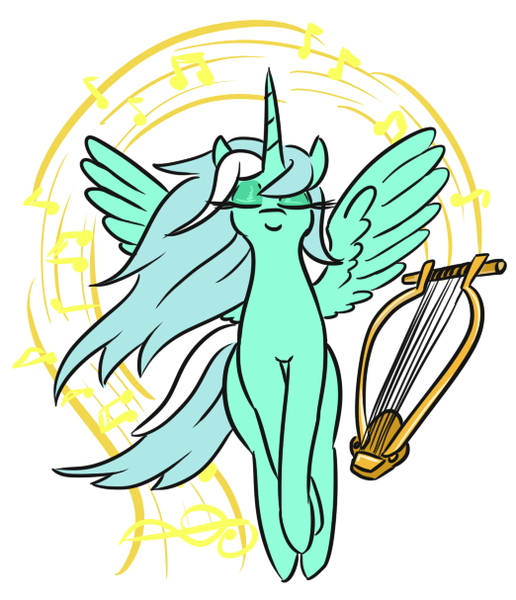 Size: 522x607 | Tagged: safe, artist:jargon scott, derpibooru import, lyra heartstrings, alicorn, pony, alicornified, chelys lyre, eyes closed, female, flying, lyracorn, lyre, majestic, mare, music notes, musical instrument, race swap, simple background, solo, white background
