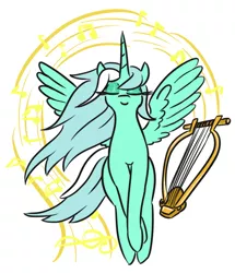 Size: 522x607 | Tagged: safe, artist:jargon scott, derpibooru import, lyra heartstrings, alicorn, pony, alicornified, chelys lyre, eyes closed, female, flying, lyracorn, lyre, majestic, mare, music notes, musical instrument, race swap, simple background, solo, white background