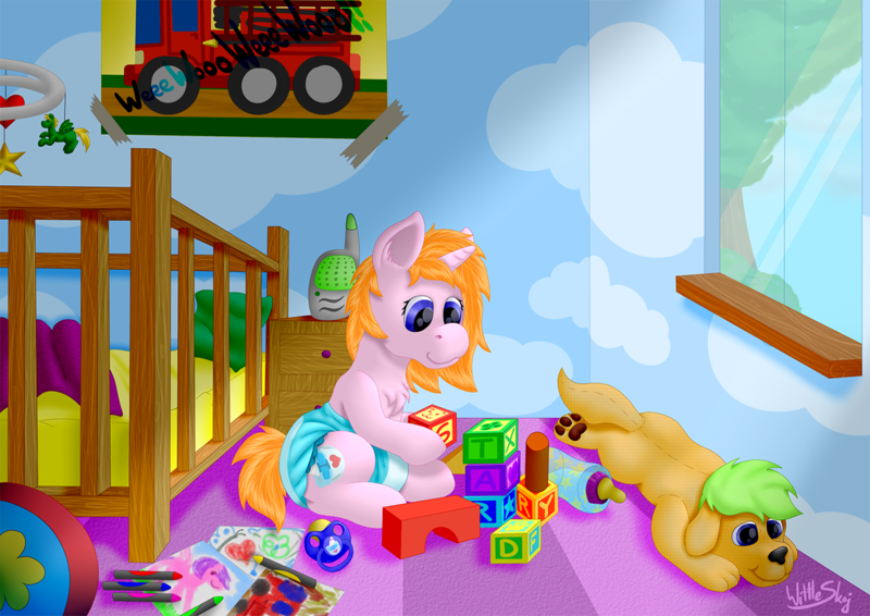 Size: 1280x905 | Tagged: questionable, artist:wittleskaj, derpibooru import, oc, oc:darcy, oc:starry drop, dog, pony, unicorn, age regression, baby, baby bottle, baby pony, blocks, crayon drawing, crib, crib mobile, diaper, diaper fetish, female, fetish, filly, foal, foal bottle, nursery, pacifier, playing, plushie, poofy diaper, traditional art, window