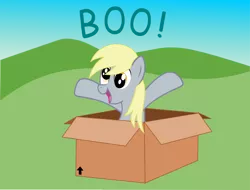Size: 1400x1062 | Tagged: safe, artist:crimsonlynx97, derpibooru import, derpy hooves, pegasus, pony, boo, box, cute, derp, derpabetes, exclamation point, female, happy, hooves in air, mare, open mouth, pony in a box, smiling, solo