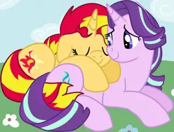 Size: 1660x1258 | Tagged: safe, artist:melodytheunicorn, derpibooru import, starlight glimmer, sunset shimmer, pony, unicorn, cloud, cuddling, cute, eyes closed, female, floppy ears, flower, glimmerbetes, grass, lesbian, looking back, lying down, mare, shimmerbetes, shimmerglimmer, shipping, sky, sleeping, smiling