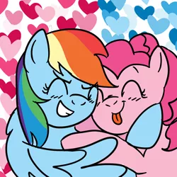 Size: 2250x2250 | Tagged: safe, artist:melodytheunicorn, derpibooru import, pinkie pie, rainbow dash, earth pony, pegasus, pony, eyes closed, female, heart, heart background, hug, lesbian, mare, pinkiedash, shipping, smiling, tongue out, wings