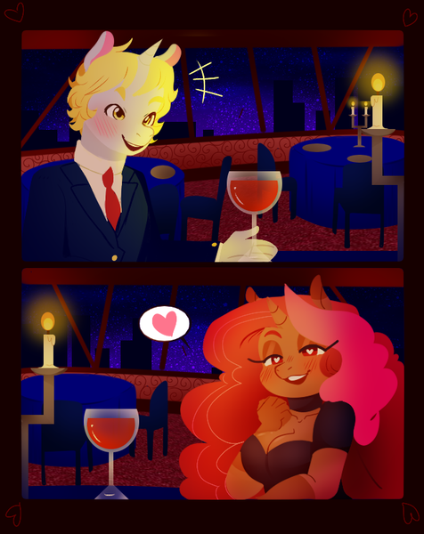 Size: 643x811 | Tagged: safe, artist:ruhianna, derpibooru import, oc, oc:celestial stream, oc:romancedy, anthro, alcohol, blushing, candle, city, cityscape, commission, date, fancy, glass, night, night sky, restaurant, sky, wine, wine glass, wingding eyes