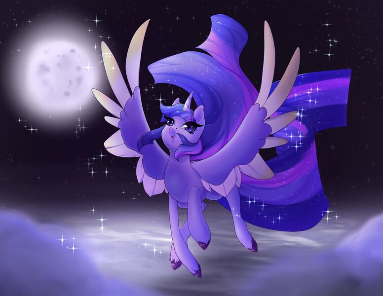 Size: 2048x1583 | Tagged: safe, artist:neko-luvz, derpibooru import, twilight sparkle, twilight sparkle (alicorn), alicorn, pony, cloud, colored hooves, cute, ethereal mane, female, impossibly long mane, impossibly long tail, long mane, mare, moon, night, sky, solo, sparkles, spread wings, starry mane, stars, twiabetes, two toned wings, unshorn fetlocks, wings