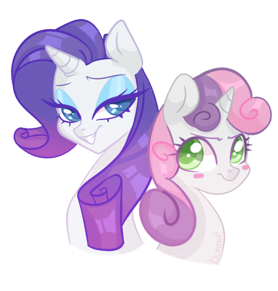 Size: 2771x2900 | Tagged: safe, artist:bunnwi, derpibooru import, rarity, sweetie belle, pony, unicorn, blush sticker, blushing, bust, colored pupils, duo, female, lidded eyes, portrait, siblings, simple background, sisters, transparent background