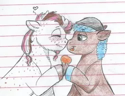 Size: 762x586 | Tagged: safe, artist:69beas, derpibooru import, oc, unofficial characters only, pony, beret, blushing, colored hooves, eyes closed, facial hair, floppy ears, food, freckles, gay, hat, holding ice cream, ice cream, lidded eyes, lined paper, male, shipping, smiling, stallion, tongue out, traditional art