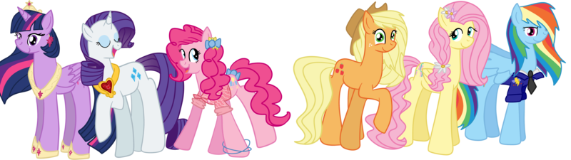 Size: 8125x2282 | Tagged: safe, artist:melodytheunicorn, derpibooru import, applejack, fluttershy, pinkie pie, rainbow dash, rarity, twilight sparkle, twilight sparkle (alicorn), alicorn, earth pony, pegasus, pony, unicorn, alternate hairstyle, applejack's hat, bow, bowtie, clothes, cowboy hat, crown, diamond, eyes closed, female, flower, flower in hair, future, hair bow, hat, hoof shoes, jewelry, mane six, mare, necklace, regalia, simple background, transparent background, uniform