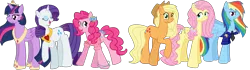 Size: 8125x2282 | Tagged: safe, artist:melodytheunicorn, derpibooru import, applejack, fluttershy, pinkie pie, rainbow dash, rarity, twilight sparkle, twilight sparkle (alicorn), alicorn, earth pony, pegasus, pony, unicorn, alternate hairstyle, applejack's hat, bow, bowtie, clothes, cowboy hat, crown, diamond, eyes closed, female, flower, flower in hair, future, hair bow, hat, hoof shoes, jewelry, mane six, mare, necklace, regalia, simple background, transparent background, uniform