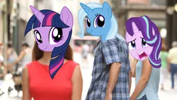 Size: 1200x676 | Tagged: safe, derpibooru import, edit, starlight glimmer, trixie, twilight sparkle, pony, distracted boyfriend meme, faic, female, lesbian, meme, shipping, smiling, smirk, startrix, twiface, twixie