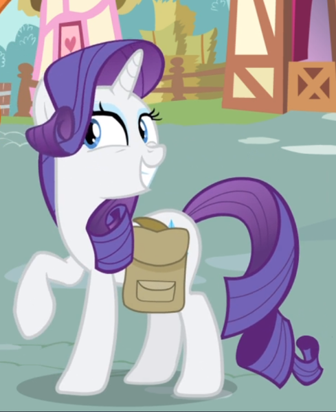 Size: 611x749 | Tagged: safe, derpibooru import, screencap, rarity, pony, unicorn, inspiration manifestation, bag, cropped, female, mare, raised hoof, saddle bag, smiling, smirk, solo