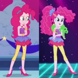 Size: 1024x1024 | Tagged: safe, derpibooru import, screencap, gummy, pinkie pie, equestria girls, equestria girls series, friendship through the ages, rainbow rocks, twilight under the stars, spoiler:eqg series (season 2), bare shoulders, bracelet, clothes, comparison, cropped, dress, high heels, jewelry, leggings, necklace, outfit catalog, ponytail, shoes, skirt, sleeveless, solo, strapless