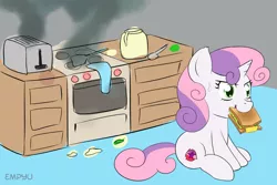Size: 1000x667 | Tagged: artist:empyu, cooking, derpibooru import, eating, female, filly, food, kitchen, messy mane, mouth hold, safe, sandwich, smoke, solo, stove, sweat, sweetie belle, sweetie belle can't cook, sweetie fail, toaster