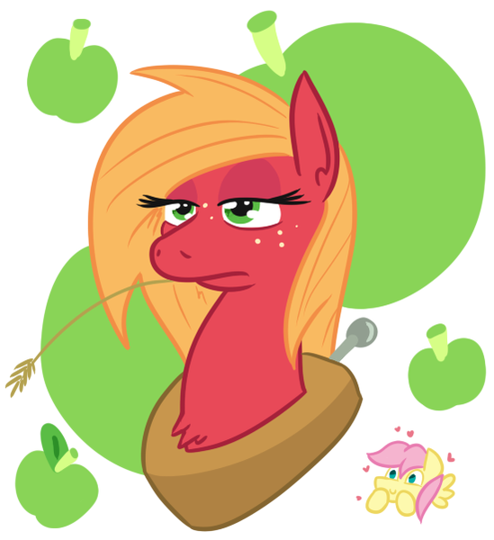 Size: 550x601 | Tagged: safe, artist:jargon scott, derpibooru import, big macintosh, fluttershy, earth pony, pegasus, pony, bust, butterreina, butterscotch, female, floating heart, fluttermac, freckles, heart, macareina, male, mare, rule 63, shipping, smiling, stallion, straight, straw in mouth