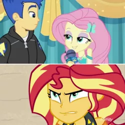 Size: 1564x1564 | Tagged: safe, derpibooru import, edit, screencap, flash sentry, fluttershy, sunset shimmer, best in show: the pre-show, equestria girls, equestria girls series, forgotten friendship, spoiler:eqg series (season 2), angry, discovery family logo, female, flashimmer, flutterflash, geode of fauna, jealous, jealous sunset, lesbian, lidded eyes, magical geodes, male, microphone, shipping, straight, sunset shimmer is not amused, sunshyne, unamused