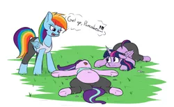 Size: 2428x1510 | Tagged: safe, artist:andelai, derpibooru import, rainbow dash, starlight glimmer, twilight sparkle, twilight sparkle (alicorn), alicorn, pegasus, pony, unicorn, belly, belly button, big belly, butt, chubby, chubby glimmer, chubby twilight, clothes, dialogue, diet, exercise, exhausted, fat, female, grass, lying down, midriff, obese, on back, out of shape, pants, plot, prone, simple background, sports bra, starlard glimmer, text, tongue out, trio, twibutt, twilard sparkle, underhoof, workout, workout outfit, yoga pants