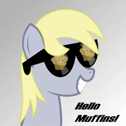 Size: 1001x1000 | Tagged: safe, artist:crimsonlynx97, derpibooru import, derpy hooves, pegasus, pony, cute, derpabetes, female, food, glasses, gray background, mare, muffin, simple background, smiling, solo, sunglasses