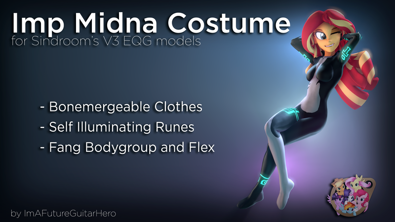 Size: 3840x2160 | Tagged: safe, artist:imafutureguitarhero, artist:sindroom, derpibooru import, part of a set, sunset shimmer, human, equestria girls, 3d, arm behind head, armpits, bodysuit, clothes, colored eyebrows, cosplay, costume, crossover, download, download at source, downloadable, fangs, female, floating, glow, gradient background, grin, high res, legend of zelda: twilight princess, midna, multicolored hair, one eye closed, part of a series, skintight clothes, smiling, solo, source filmmaker, text, the legend of zelda, the legend of zelda: twilight princess, wink