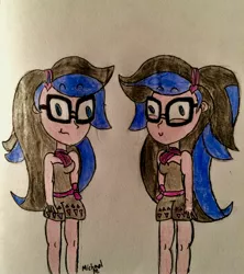 Size: 2448x2762 | Tagged: safe, artist:michaelmaddox222, deleted from derpibooru, derpibooru import, oc, oc:indigo shadow, human, equestria girls, bow, clothes, colored, cross-eyed, derp, female, glasses, headband, heart, pencil drawing, reference, scarf, signature, solo, standing, traditional art