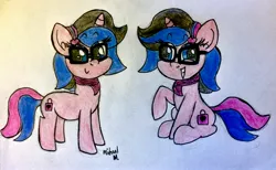 Size: 3264x2007 | Tagged: safe, artist:michaelmaddox222, deleted from derpibooru, derpibooru import, oc, oc:indigo shadow, pony, unicorn, clothes, colored, cross-eyed, female, glasses, headband, heart, lineart, lock, looking at you, padlock, pencil drawing, reference, scarf, signature, sitting, smiling, solo, standing, traditional art