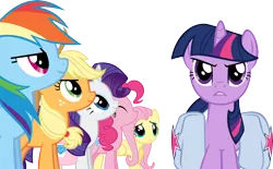 Size: 8789x5445 | Tagged: safe, artist:mysteriouskaos, derpibooru import, applejack, fluttershy, pinkie pie, rainbow dash, rarity, twilight sparkle, earth pony, pegasus, pony, unicorn, dragonshy, bag, eyes closed, female, mane six, mare, simple background, transparent background, unicorn twilight, vector