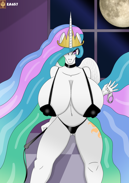 Size: 1512x2150 | Tagged: alicorn, anthro, artist:ea657, big breasts, bikini, breasts, busty princess celestia, choker, clothes, crown, cuffs, cutie mark, derpibooru import, dominatrix, domlestia, erect nipples, female, full moon, hand cuffs, horn, huge breasts, imminent bondage, impossibly large breasts, jewelry, looking at you, moon, princess celestia, regalia, saggy breasts, solo, suggestive, swimsuit, whip, wings