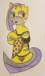 Size: 657x1103 | Tagged: artist:dice-warwick, bedroom eyes, clothes, cyber eye, cyborg, derpibooru import, fallout equestria, leopard print, leopard print underwear, mirage pony, nightwear, oc, oc:sizzle cymbal, original species, panties, solo, stripes, suggestive, traditional art, underwear, unofficial characters only