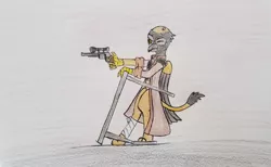 Size: 1123x690 | Tagged: safe, artist:dice-warwick, derpibooru import, oc, unofficial characters only, gryphon, fallout equestria, balding, gun, handgun, revolver, solo, traditional art, weapon