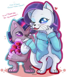 Size: 1024x1152 | Tagged: abyssinian, abyssinianized, artist:kingkero, blushing, clothes, derpibooru import, dialogue, diamond dog, diamond dogified, female, flirting, gem, heart, lesbian, littlest pet shop, parody, paws, rarilight, rarity, ruby, safe, shipping, simple background, species swap, twilight barkle, twilight sparkle, zoe trent