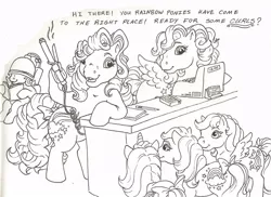 Size: 819x595 | Tagged: safe, artist:foxspotted, derpibooru import, unnamed character, unnamed pony, earth pony, pegasus, pony, unicorn, book, bow, cash register, counter, female, foal, g1, hair curlers, hair salon, lineart, paper, pencil, rainbow curl pony, reading, speech, tail bow, talking, wavy tail