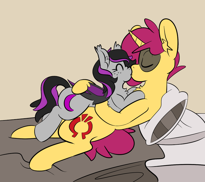Size: 1350x1200 | Tagged: safe, artist:myahster, deleted from derpibooru, derpibooru import, oc, oc:myah, oc:starless moon, bat pony, pony, unicorn, bed, couple, cuddling, pillow, size difference
