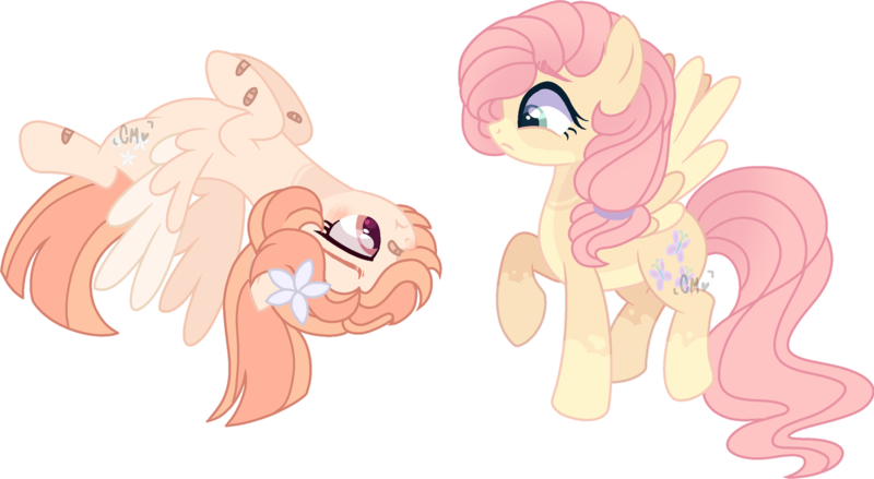 Size: 1280x703 | Tagged: safe, artist:elementbases, artist:moon-rose-rosie, derpibooru import, fluttershy, oc, oc:magnolia, pegasus, pony, bandaid, base used, female, mare, mother and child, mother and daughter, offspring, parent:bulk biceps, parent:fluttershy, parents:flutterbulk, simple background, transparent background, upside down