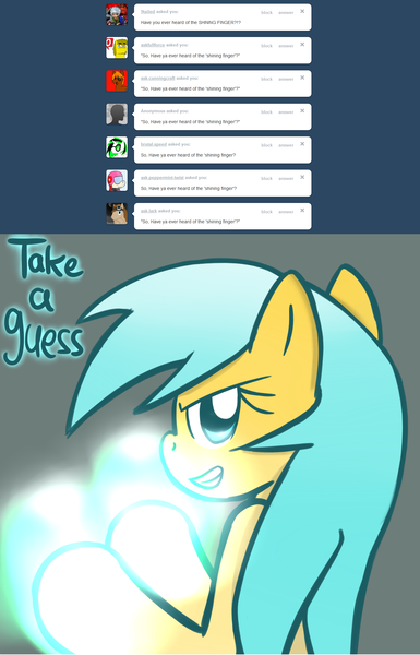 Size: 1280x1994 | Tagged: safe, artist:datahmedz, derpibooru import, sunshower raindrops, pony, raindropsanswers, ask, magic, shining finger, solo, tumblr