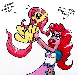Size: 1600x1533 | Tagged: safe, artist:bantam, derpibooru import, fluttershy, pinkie pie, human, pegasus, pony, equestria girls, blushing, dialogue, holding a pony, simple background, square crossover, traditional art