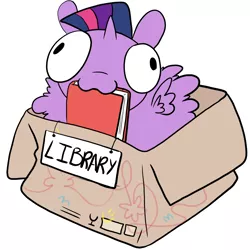 Size: 1280x1280 | Tagged: safe, artist:asksillypones, derpibooru import, twilight sparkle, twilight sparkle (alicorn), alicorn, pony, :3, bibliovore, book, bookhorse, box, cardboard box, chibi, cute, derp, excessive fluff, female, fluffy, if i fits i sits, library, majestic as fuck, mare, mouth hold, nom, pony in a box, sign, silly, silly pony, simple background, smiling, solo, spread wings, that pony sure does love books, twiabetes, wat, white background, wings