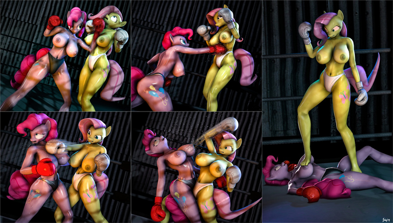 Size: 3840x2180 | Tagged: questionable, artist:isisazza, derpibooru import, fluttershy, pinkie pie, anthro, bat pony, earth pony, pegasus, plantigrade anthro, 3d, armpits, boxing, breasts, busty fluttershy, busty pinkie pie, clothes, female, fight, flutterbat, flutterpie, foxy boxing, image, jpeg, knock out, lesbian, nipples, nudity, panties, partial nudity, race swap, sfm pony, shipping, source filmmaker, sports, sports panties, thong, topless, underwear, wingless, wingless anthro
