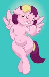 Size: 611x946 | Tagged: safe, artist:comfyplum, derpibooru import, oc, oc:comfy plum, pegasus, pony, belly, blushing, chubby, embarrassed, eyes closed, female, flattered, happy, mare, smiling, solo, spread wings, wide hips, wings
