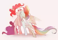 Size: 910x620 | Tagged: safe, artist:pinkablue, derpibooru import, pinkie pie, rainbow dash, earth pony, pegasus, pony, bipedal, bipedal leaning, blushing, cute, dashabetes, diapinkes, eyes closed, female, kissing, leaning, lesbian, mare, pinkiedash, shipping, signature, simple background