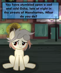 Size: 2500x3000 | Tagged: artist:pizzamovies, derpibooru import, dialogue, female, lamppost, manehattan, mare, meme, night, oc, oc:osha, sad, safe, sitting, solo, street, text, unofficial characters only, what do