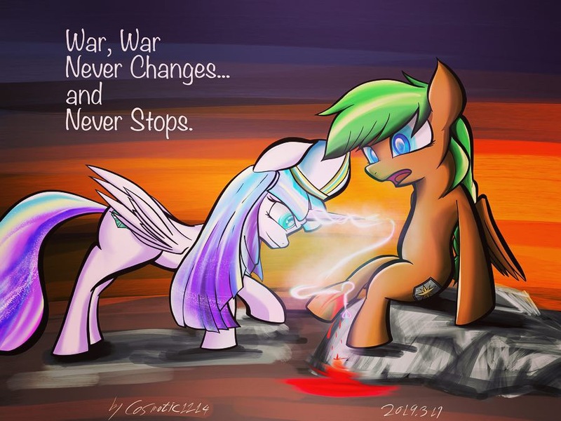 Size: 899x674 | Tagged: safe, artist:cosmotic1214, derpibooru import, oc, alicorn, pony, alicorn oc, battlefield, blood, commission, couple, cure, duo, fanfic art, fight, healer, horn, image, injured, jpeg, semi-gore, soldier, sunrise, sunset, war, wings