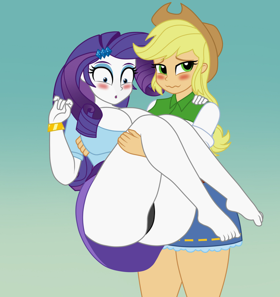 Size: 1700x1800 | Tagged: suggestive, artist:mashoart, derpibooru import, applejack, rarity, equestria girls, ass, assisted exposure, barefoot, big breasts, black underwear, blushing, breasts, bridal carry, busty rarity, butt, carrying, cleavage, clothes, cowboy hat, cute, embarrassed, embarrassed underwear exposure, feet, female, hat, huge breasts, lesbian, panchira, panties, panty shot, rarijack, raripanty, rearity, shipping, skirt, stetson, strong, strong pony, underwear, upskirt, wavy mouth