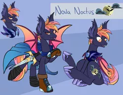 Size: 1280x994 | Tagged: safe, artist:twoshoesmcgee, derpibooru import, oc, oc:nova noctus, bat pony, pony, alternate universe, bat pony oc, bat wings, boots, cape, clothes, full moon, grin, guard, heirs of equestria, hoof shoes, male, moon, reference sheet, roleplay, shoes, smiling, solo, sword, weapon, wings