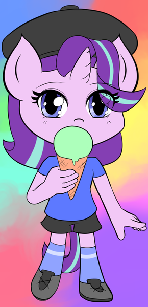 Size: 483x1000 | Tagged: safe, artist:empyu, derpibooru import, starlight glimmer, anthro, unicorn, beret, chibi, clothes, cute, dessert, female, food, french, glimmerbetes, hat, ice cream, looking at you, mare, shirt, shorts, socks, solo