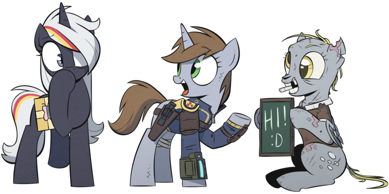 Size: 3000x1500 | Tagged: safe, artist:wandrevieira1994, derpibooru import, derpy hooves, ditzy doo, oc, oc:littlepip, oc:velvet remedy, ghoul, pegasus, pony, undead, unicorn, fallout equestria, fanfic, bag, bandage, chalk, chalkboard, clothes, covering mouth, cutie mark, fanfic art, female, fluttershy medical saddlebag, gun, handgun, hi, hooves, horn, little macintosh, mare, medical saddlebag, mouth hold, mouth writing, open mouth, optical sight, pipbuck, raised hoof, revolver, saddle bag, simple background, sitting, transparent background, underhoof, vault suit, weapon, wings