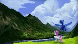 Size: 1650x930 | Tagged: safe, artist:cyonixcymatro, derpibooru import, princess celestia, princess luna, alicorn, pony, cloud, complex background, digital art, female, filly, filly celestia, filly luna, flying, mare, mountain, river, scenery, siblings, sisters, spread wings, wings, younger