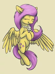 Size: 1250x1658 | Tagged: safe, artist:cyonixcymatro, derpibooru import, angel bunny, fluttershy, pegasus, pony, cute, duo, eyes closed, female, flying, hoof hold, mare, shyabetes, simple background, smiling, spread wings, three quarter view, wings