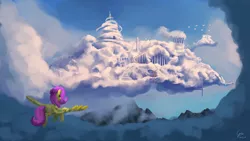 Size: 2500x1409 | Tagged: safe, artist:cyonixcymatro, derpibooru import, fluttershy, pegasus, pony, city, cloud, cloudsdale, complex background, digital art, female, flying, mare, scenery, scenery porn, solo, spread wings, wings