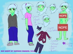 Size: 1024x768 | Tagged: suggestive, artist:artisticfangirl7, derpibooru import, oc, oc:green heart, equestria girls, angry, annoyed, blue background, breasts, casual clothing, clothes, crystal prep academy uniform, flirt, green, green skin, partial nudity, purple eyes, reference sheet, school uniform, simple background, vitiligo