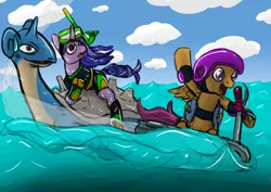 Size: 1920x1358 | Tagged: safe, artist:lizardwithhat, derpibooru import, scootaloo, sea swirl, seafoam, lapras, pegasus, pony, unicorn, crossover, diving goggles, diving suit, elbow pads, female, filly, flippers, goggles, happy, helmet, hoverboard, irritated, mare, ocean, pokémon, ponies riding pokémon, riding, scooter, shocked, snorkel, wave, wetsuit
