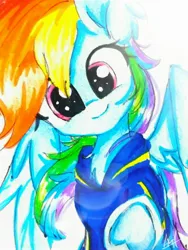 Size: 2120x2821 | Tagged: safe, artist:liaaqila, derpibooru import, rainbow dash, pegasus, pony, clothes, cute, dashabetes, female, hoodie, looking at you, mare, raised hoof, smiling, solo, spread wings, traditional art, underhoof, wings