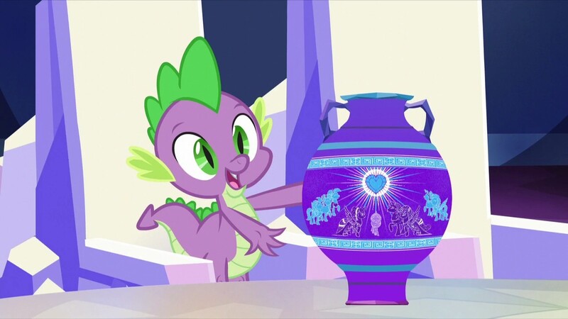 Size: 1280x720 | Tagged: alicorn, crystal heart, derpibooru import, dragon, male, safe, screencap, season 6, solo, spike, the crystalling, vase